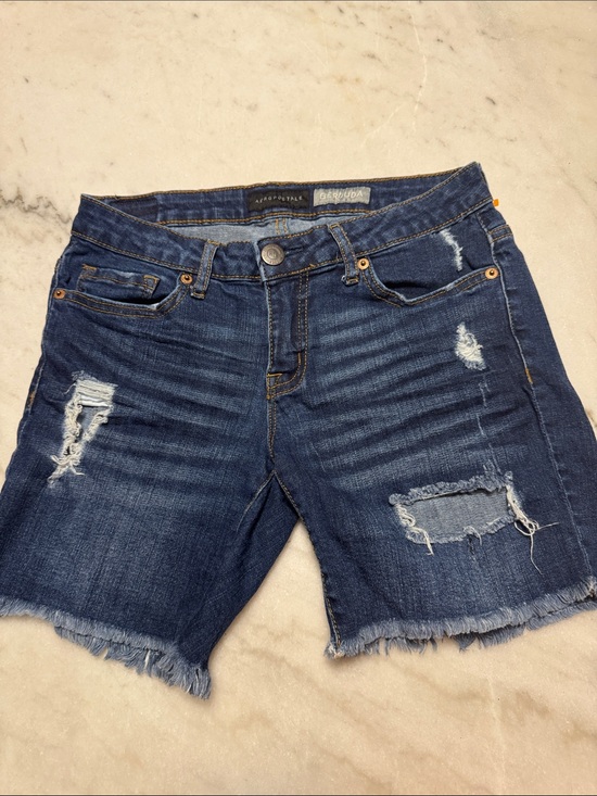 Aeropostale Pants - Aeropostale Dark Blue Bermuda Distressed Denim Jean Shorts Raw Hem Size 2